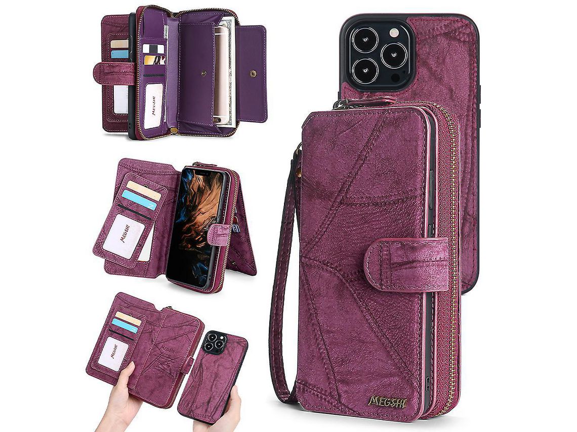 Megshi 004 Series For Iphone 12 / 12 Pro 6.1 Inch Detachable Zipper Wallet Pu Leather Phone Cover With Standwine Red
