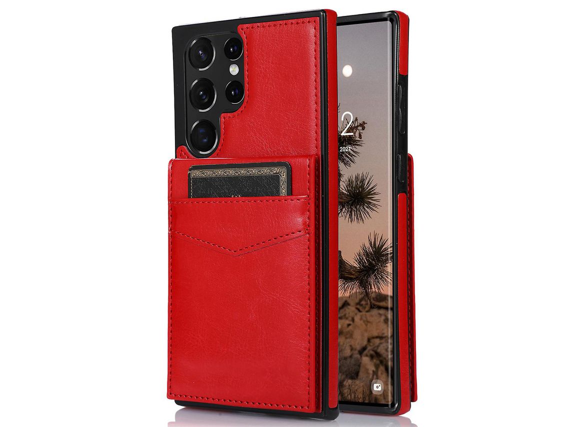 Kickstand Cover For Samsung Galaxy S22 Ultra 5G Card Holder Anti-Scratch Pu Leather Coated Tpu Phone Casered