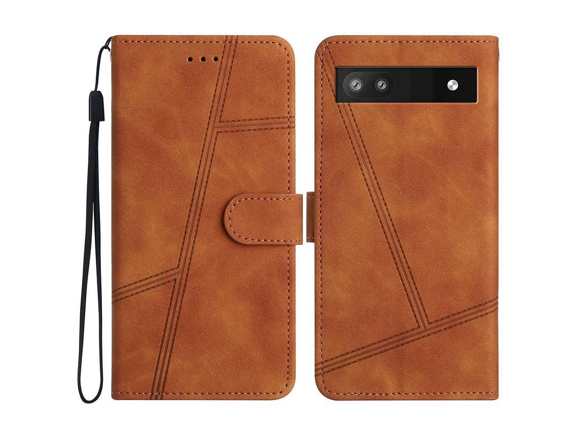 For Google Pixel 7A Anti-Drop Cover Imprinted Line Skin-Touch Pu Leather Phone Shell With Wallet Standbrown