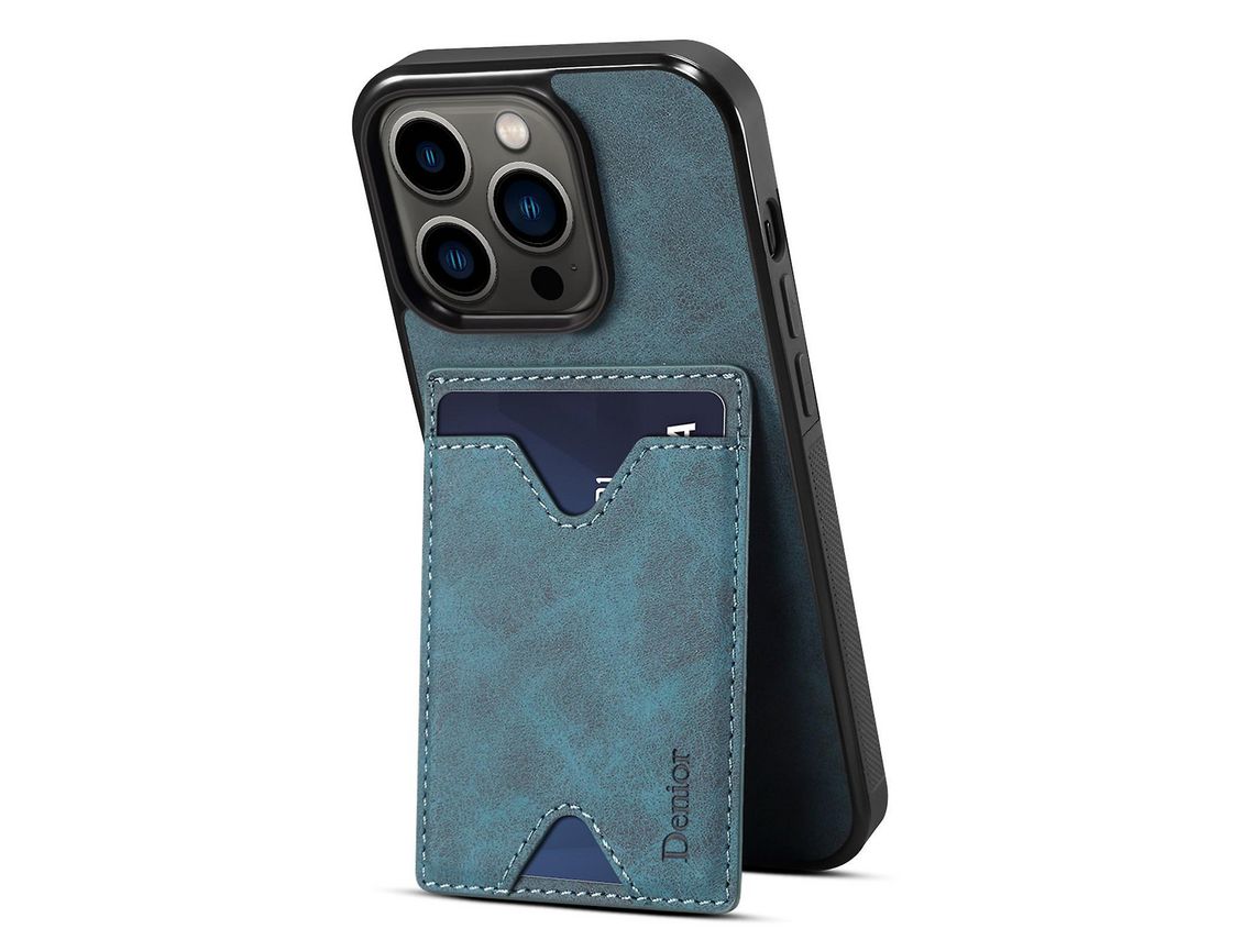 Denior For Iphone 14 Pro Card Holder Phone Cover Anti-Scratch Pu Leather Coated Tpu Kickstand Caseblue