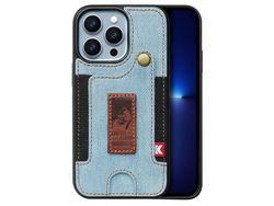 For Iphone 14 6.1 Inch Card Slot Design Hand Strap Jeans Cloth Leather Coated Tpu Phone Casebaby Blue