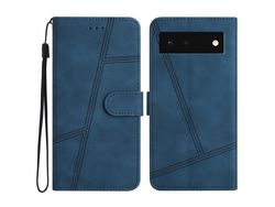 Pu Leather Phone Shell For Google Pixel 6 Imprinted Line Skin-Touch Anti-Drop Cover With Wallet Standblue