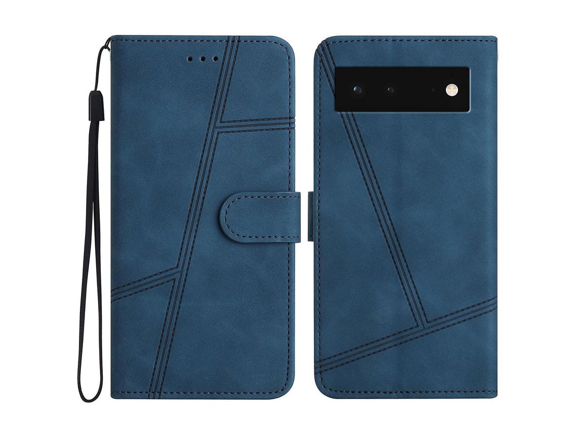 Pu Leather Phone Shell For Google Pixel 6 Imprinted Line Skin-Touch Anti-Drop Cover With Wallet Standblue