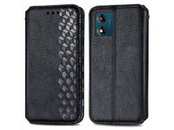For Motorola Moto E13 4G Leather Phone Cover Wallet Stand Imprinting Rhombus Cell Phone Caseblack
