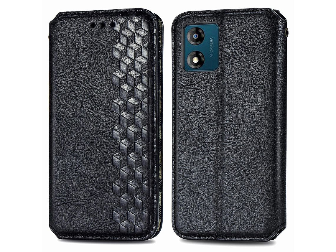 For Motorola Moto E13 4G Leather Phone Cover Wallet Stand Imprinting Rhombus Cell Phone Caseblack