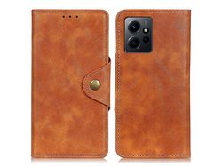 For Xiaomi Redmi Note 12 4G Brass Buckle Leather Phone Cover Stand Wallet Cell Phone Casebrown