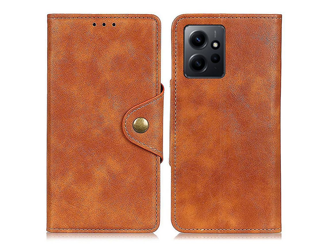 For Xiaomi Redmi Note 12 4G Brass Buckle Leather Phone Cover Stand Wallet Cell Phone Casebrown
