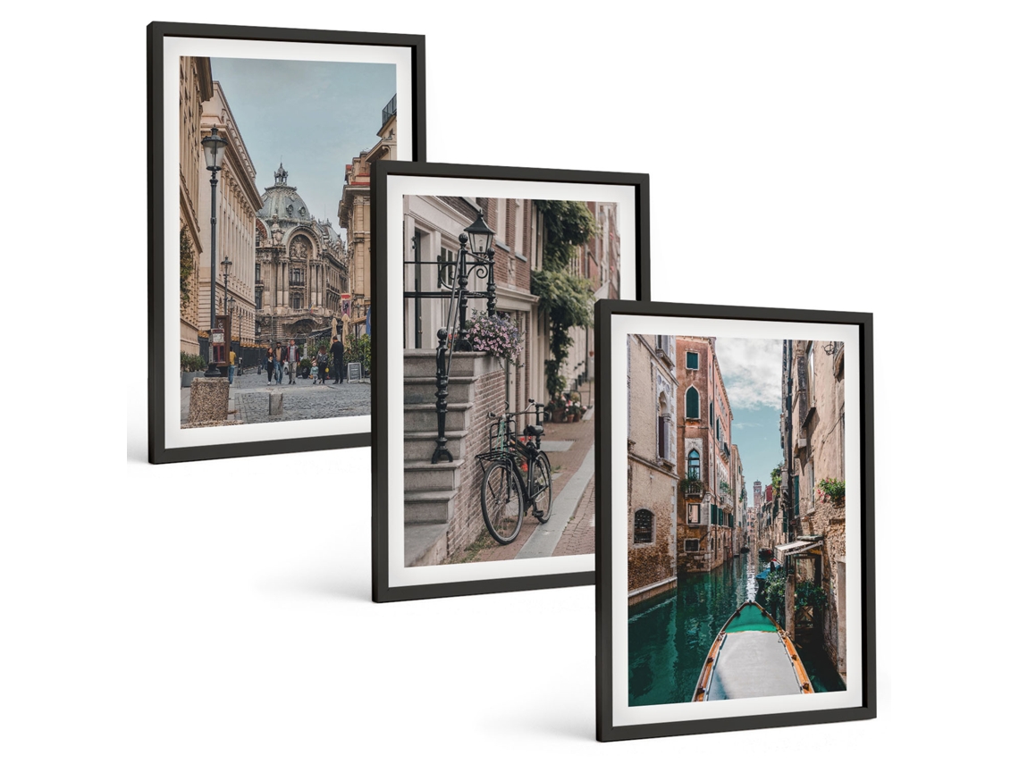 Conjunto De Pinturas Ruas Venezianas Com Água Espelharte (3 Peças 40x60 Cm)