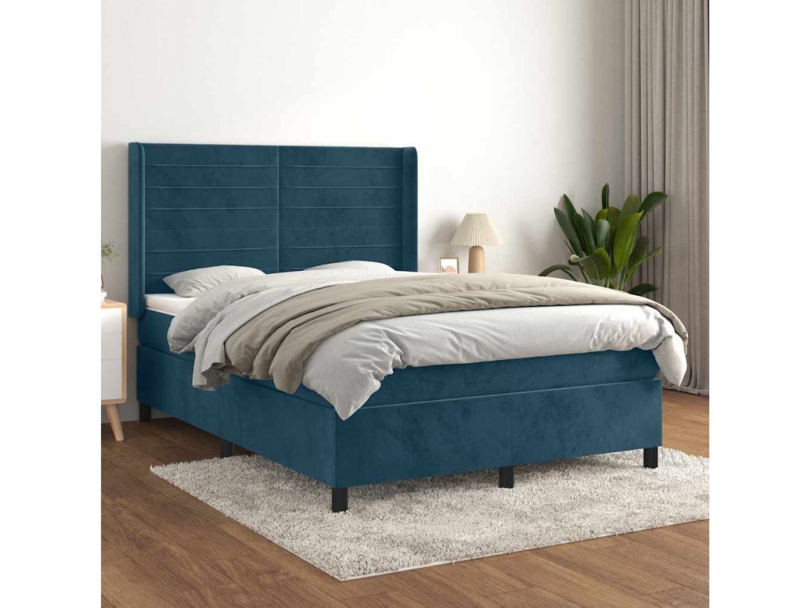 Vidaxl Cama Com Molas/colchão 140x190 Cm Veludo Azul-escuro