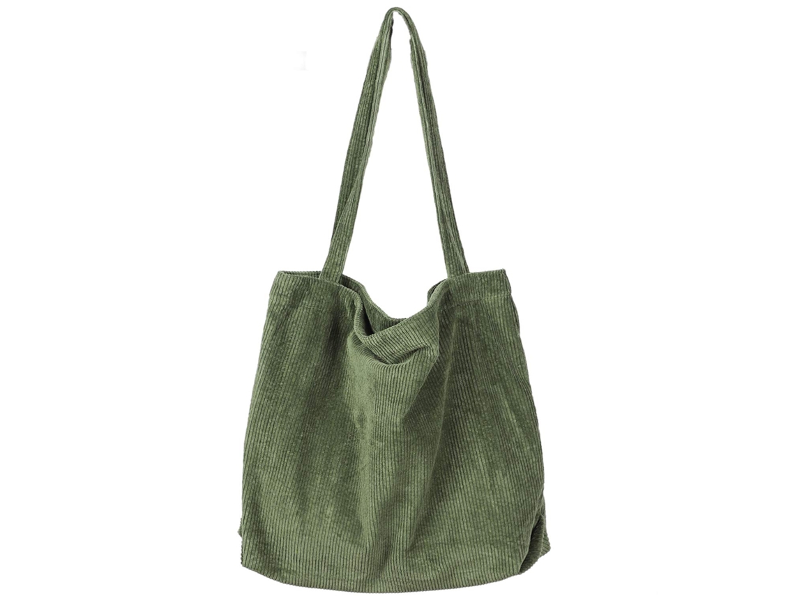 Bolsa de Ombro Grande em Veludo Cotelê, Casual, Compras, Verde Militar AQUAFORGE