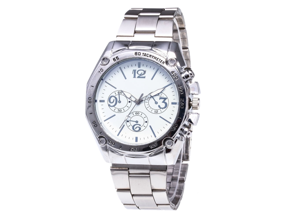 Relógio de quartzo com pulseira de aço, mostrador redondo moderno para casais (branco e prateado)