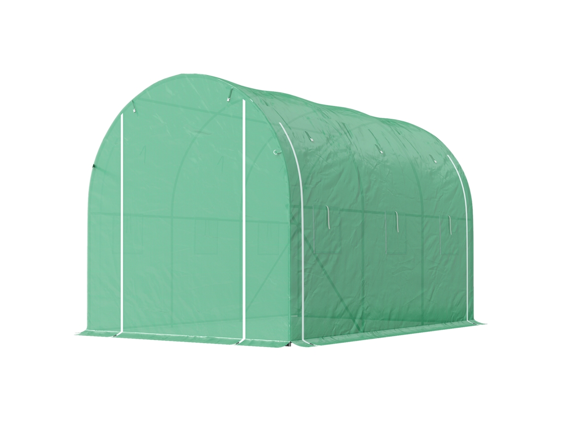Fogão tipo túnel verde 296x196x200 cm para jardim com 3 portas e 6 janelas, estrutura em aço galvanizado.