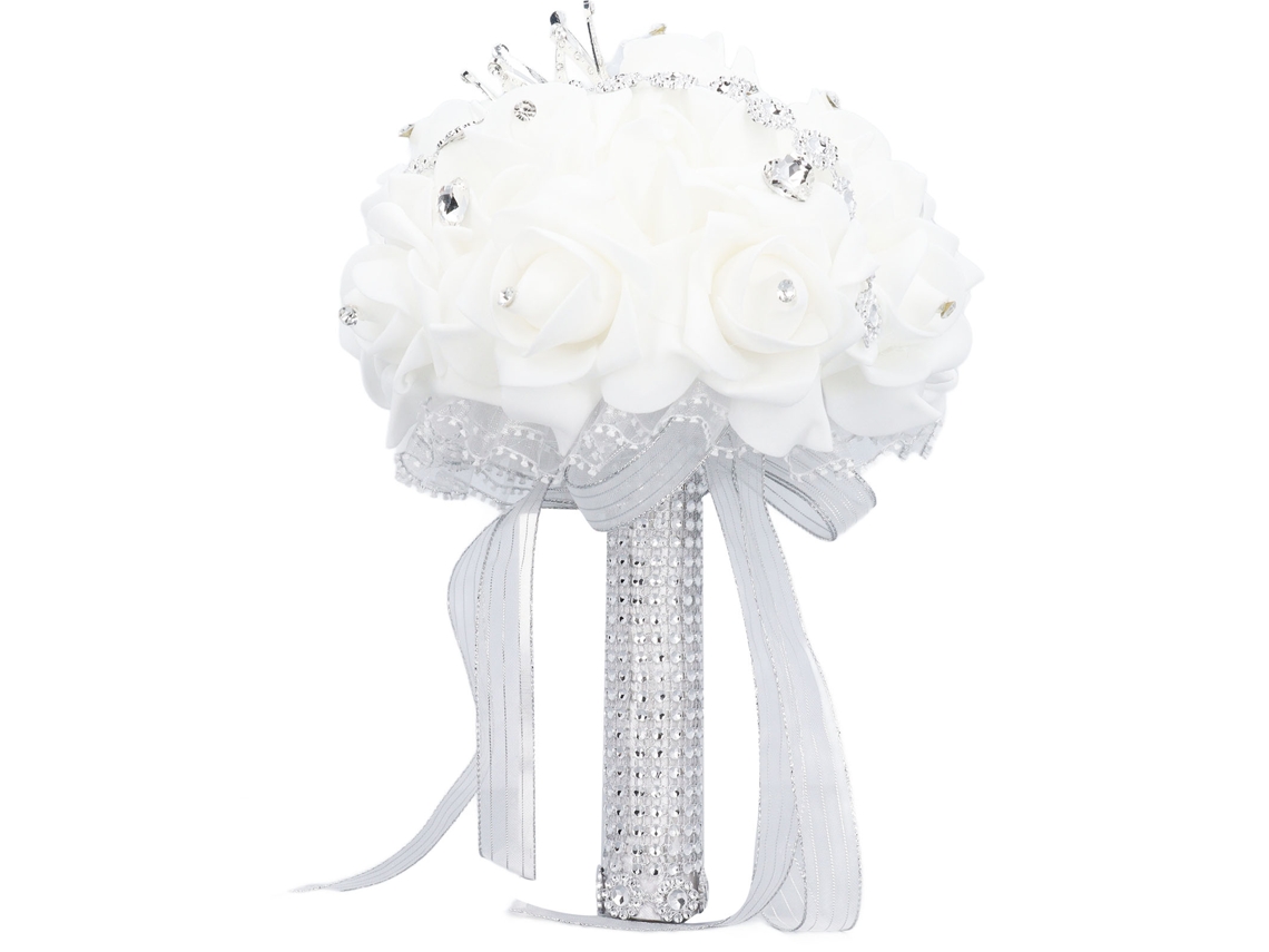 Buquê de Noiva com Coroa 27cm Pu Renda Cetim Flores Artificiais Madrinha Casamento Prata