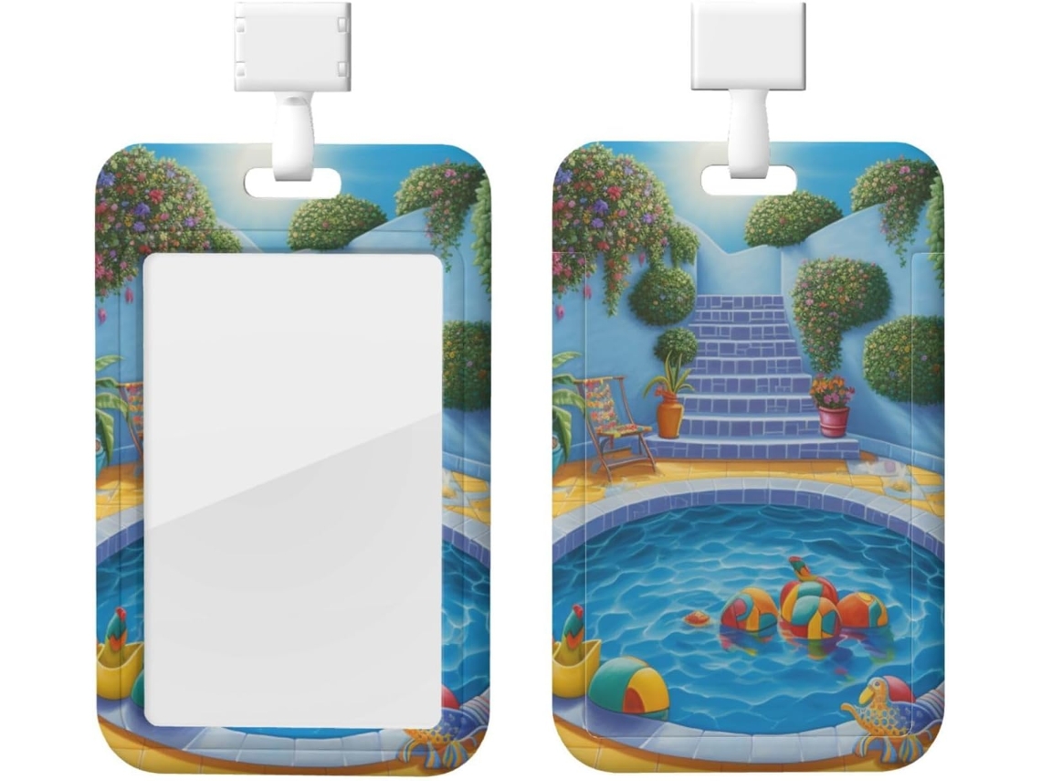 Suporte para Crachá com Cordão, Suporte de Plástico Impermeável, Crachá de Identificação de Flamingo e Piscina, Retrátil