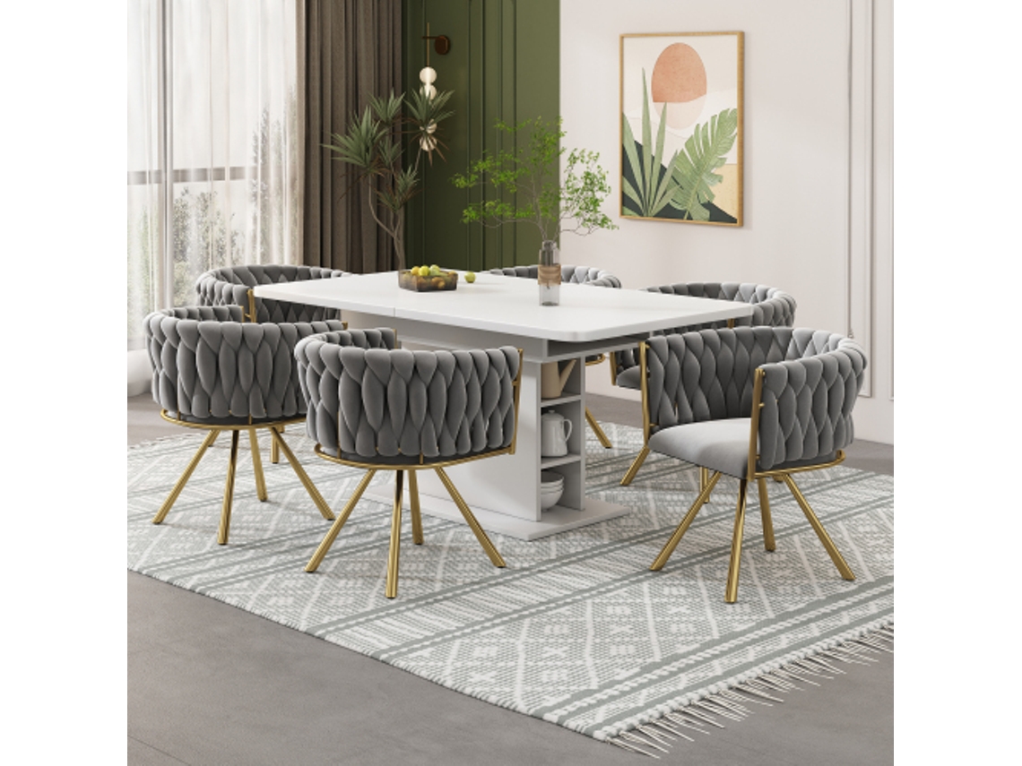 Conjunto De 6 Cadeiras De Jantar Acolchoadas, Cadeira Giratória Luxuosa Para Sala Ou Quarto, Base Metálica Em Cinza E Dourado Ehstmind