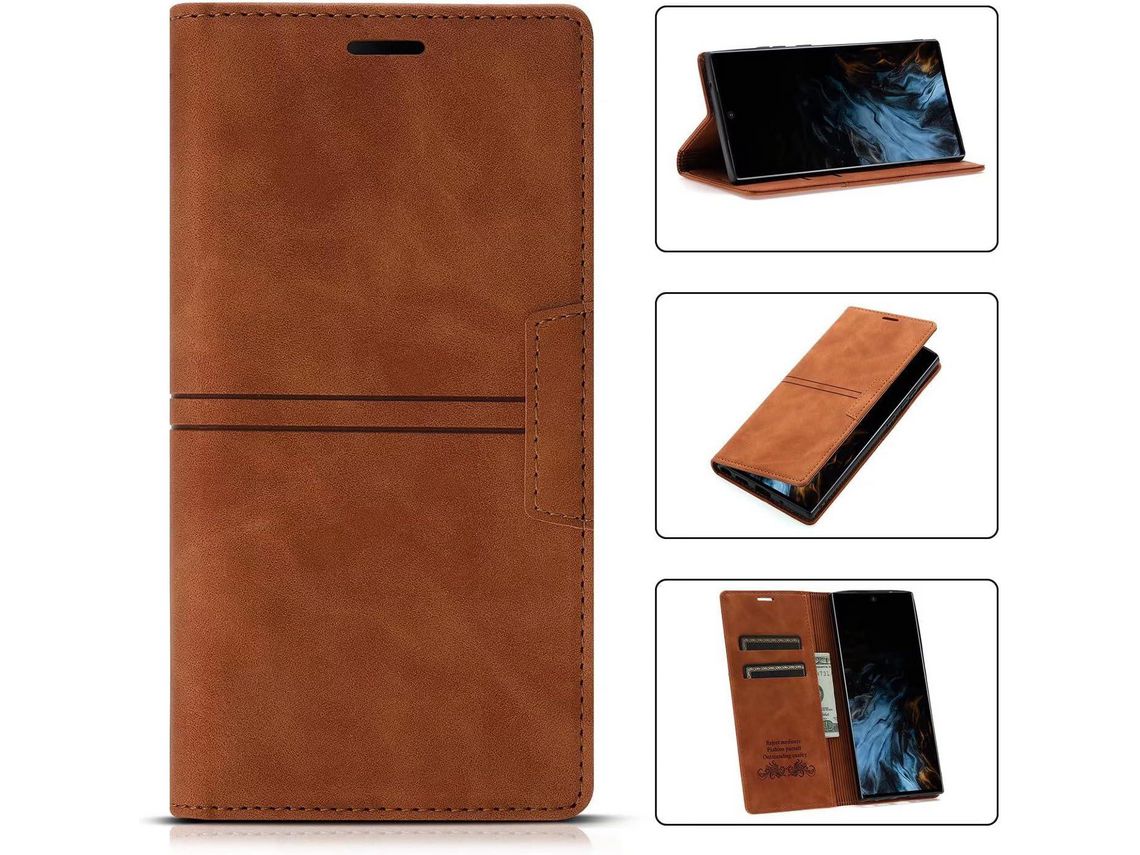 Capa Fólio para Samsung Galaxy A22 5G HONGWE. Pele Sintética Magnética Premium Castanho