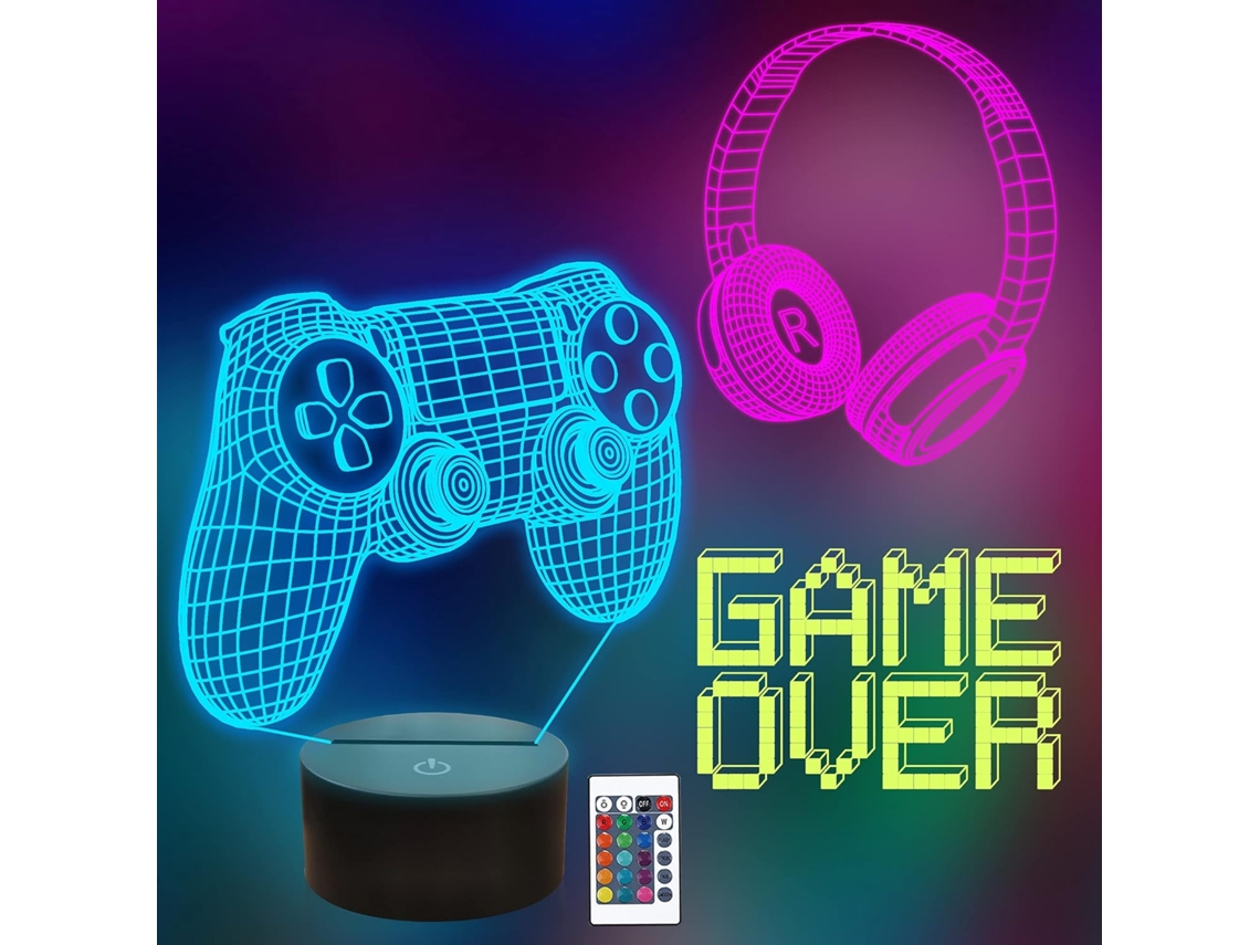 Luminária 3d Game Over, Controle de Jogo e Fones Ouvido, Luz Noturna 3d com Controle Remoto, 16 Cores Que Mudam BRILVIBERA (3 Padrões)