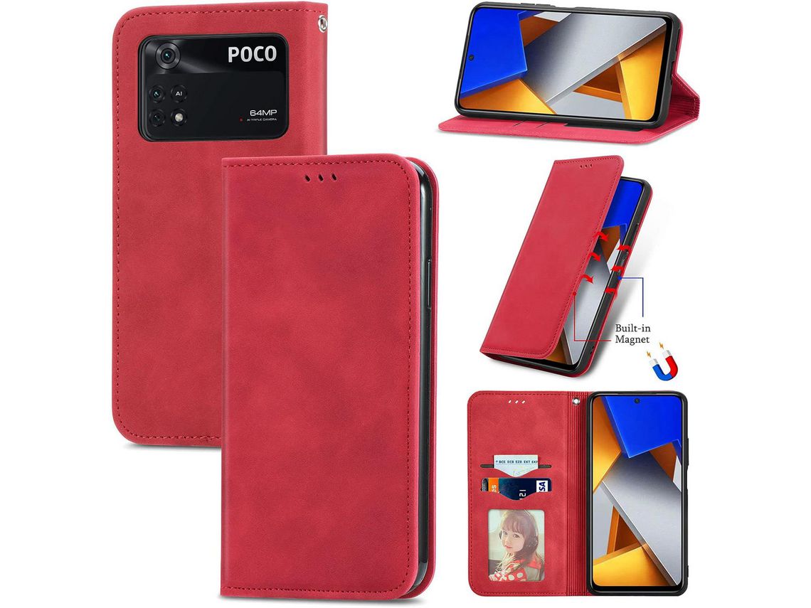Capa Fólio para Xiaomi Poco Pro, Poco M4 Pro, Poco M4 HONGWE. Magnética com Porta-Cartões Premium Castanho