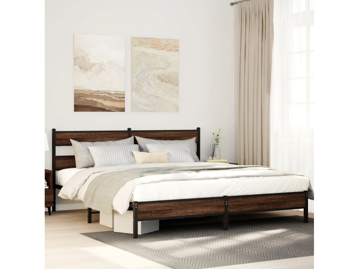 Vidaxl Estrutura Cama Sem Colchão 180x200 Cm Metal Carvalho Castanho
