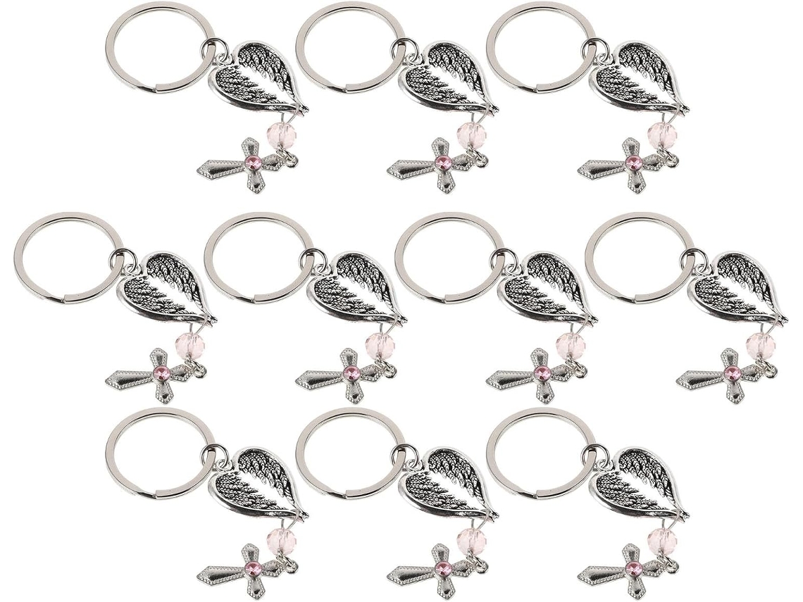 Conjunto De 10 Chaveiros De Cruz Em Metal Prateado Com Asas E Coração, Leve E Compacto, Presente