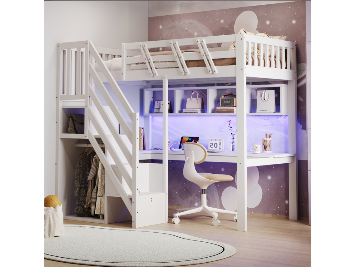 Cama De Madeira Maciça 90x200 Com Escada Armário Mesa Usb Led Branco