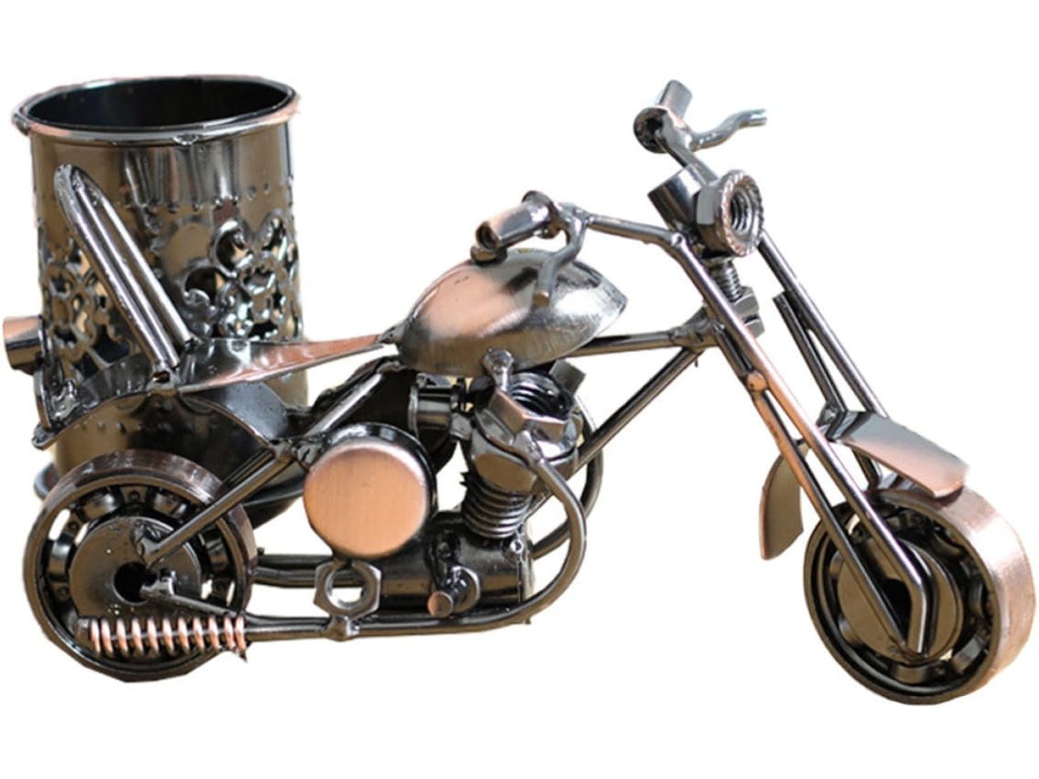 Organizador De Mesa Elegante E Funcional Em Ferro Marrom Com Design Industrial Motocicleta, Porta Canetas