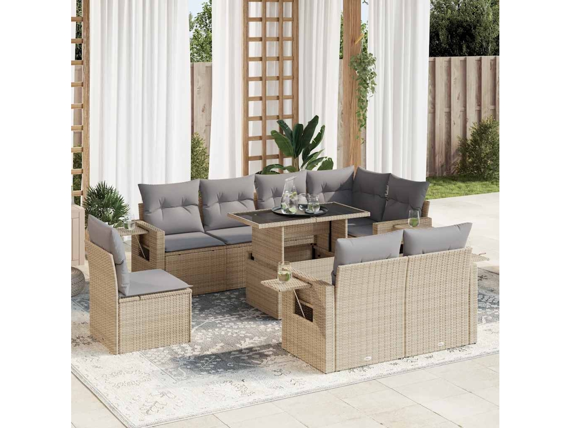 Vidaxl 9 Pcs Conjunto De Sofás P/ Jardim Com Almofadões Vime Pe Bege