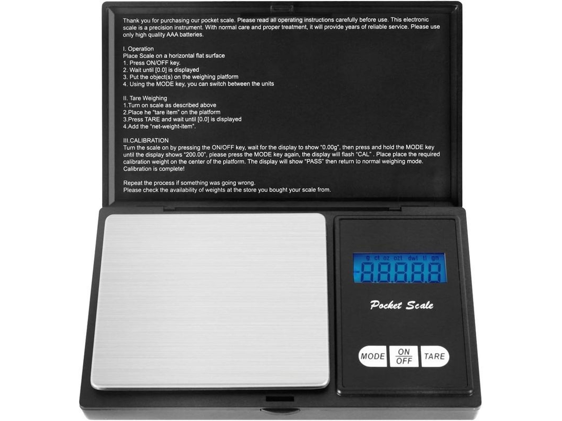 Balança digital de bolso, 500 g x 0,01 g, alta precisão, múltiplas unidades de medida, visor LCD retroiluminado.