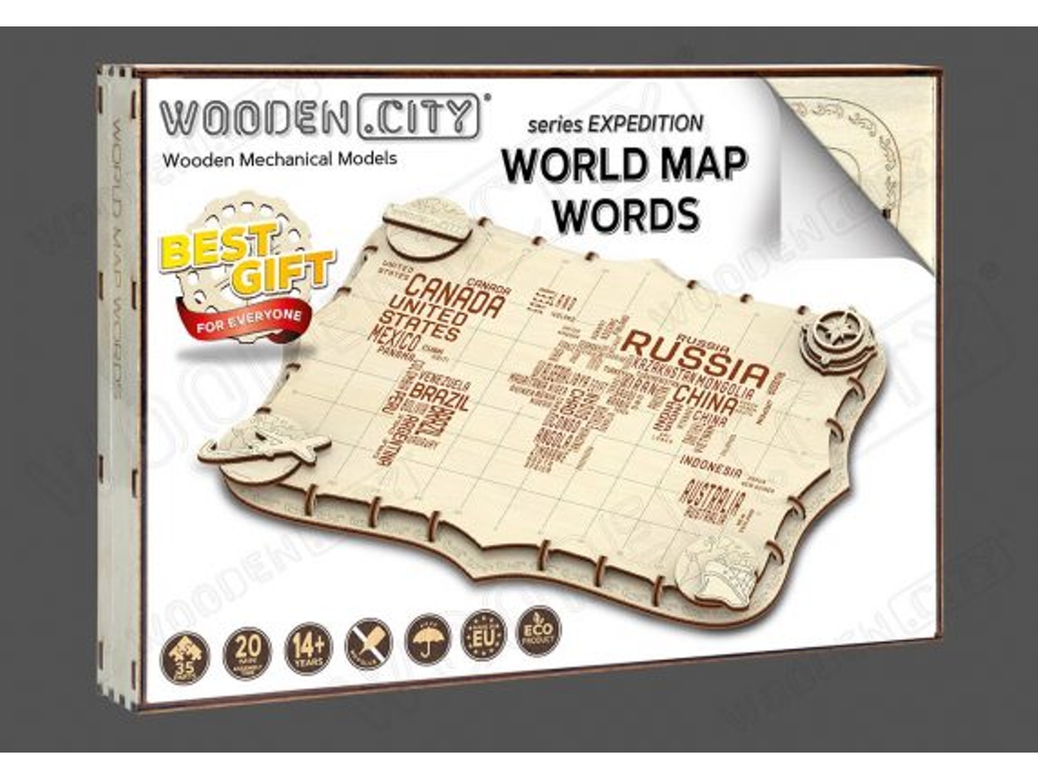 Puzzle WOODEN.CITY World Map Words 3D 31 Peças Mapas Worten.pt
