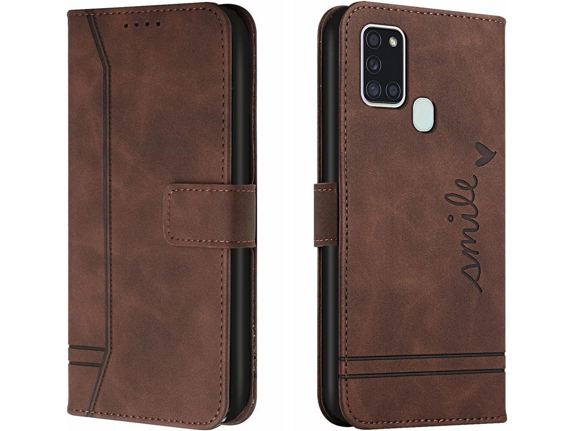 Capa para Samsung Galaxy A21 HONGWE. Pele Magnética Castanho