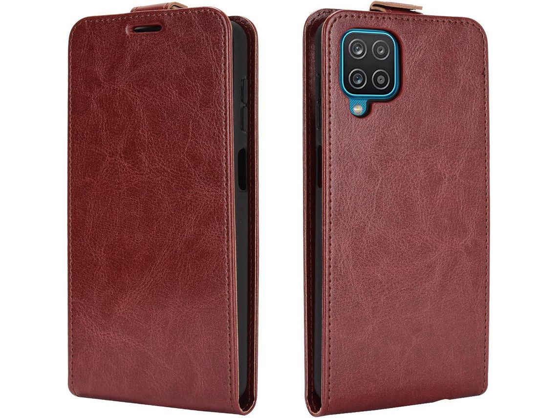 Capa Fólio para Samsung Galaxy A12 HONGWE. Pele Premium Castanho