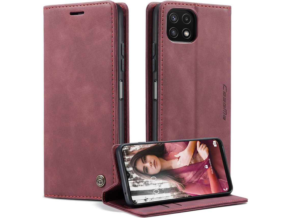 Capa Fólio para Samsung Galaxy A22 5G HONGWE. Pele Sintética Magnética Premium Castanho
