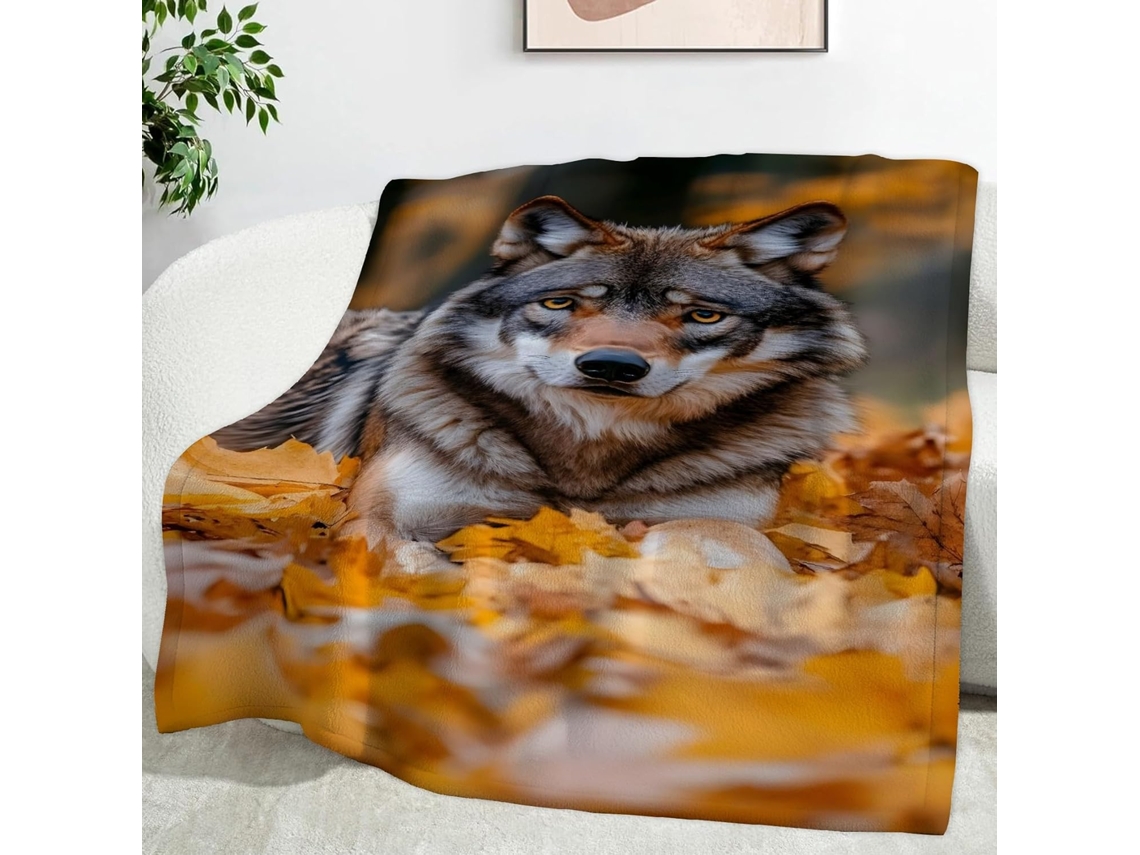 Manta com Estampa de Folha Bordo e Lobo Cinza 150x200 Cm Multifuncional Macia Aconchegante em Flanela Ideal Pa