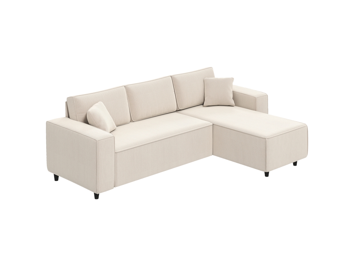 Sofá Com Espreguiçadeira 3 Lugares Em Tecido Efeito Veludo, Espuma E Nylon, 241x153x83cm, Branco Creme