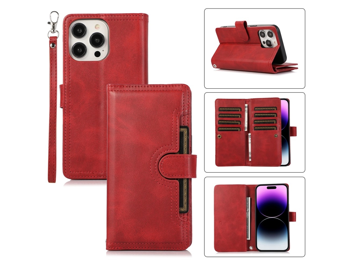 Suporte Casa Pega Para Iphone 15 Pro Max Pele Sintética Com Porta-cartões Vermelho