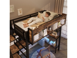Cama Alta 140x200 Cm Secretária de Canto, Arrumação, Painel Perfurado, Tomada Usb c e Led, En747 Preto + Vintage NOVELA (sem Colchão)