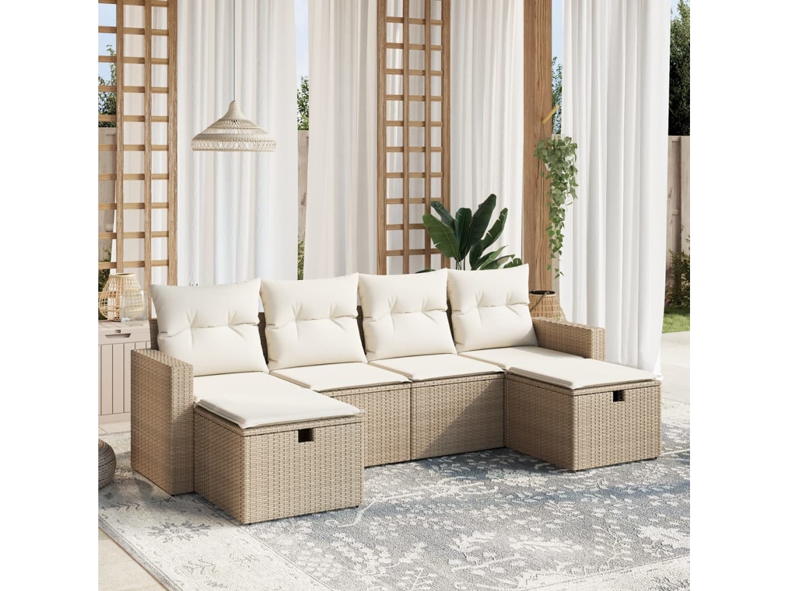 Vidaxl 6 Pcs Conjunto De Sofás P/ Jardim Com Almofadões Vime Pe Bege