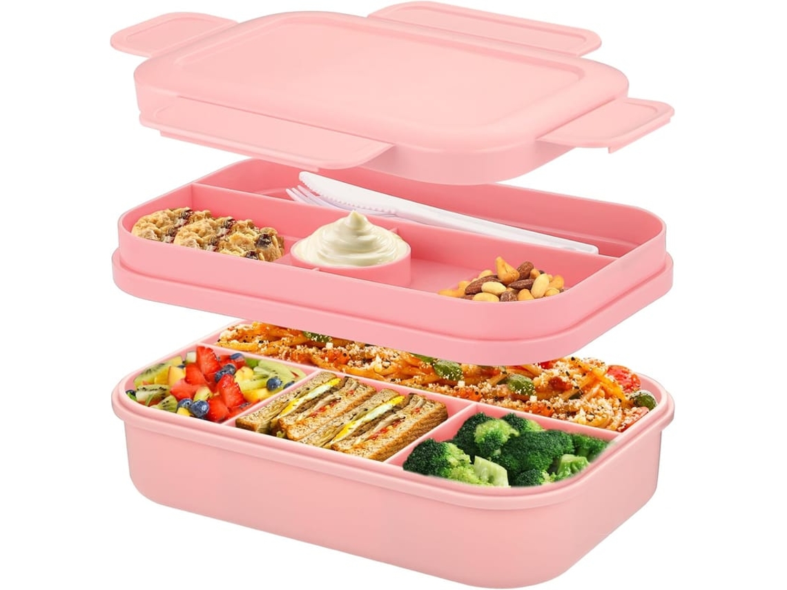 Caixa De Almoço Grande 2000ml Com 8 Compartimentos, Stackable, Inclui Talheres, Rosa