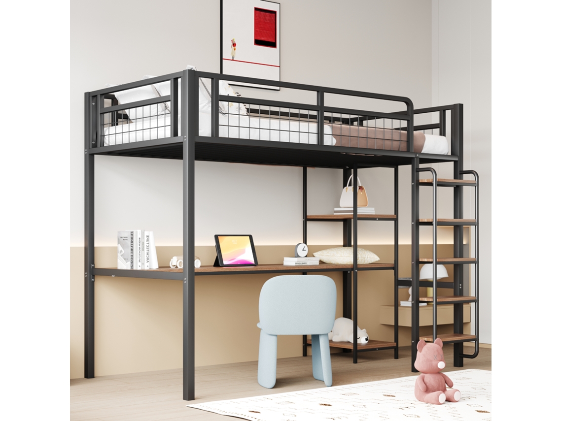 Cama Alta Infantil Metal 90x200 Escada Mesa Prateleiras Preta