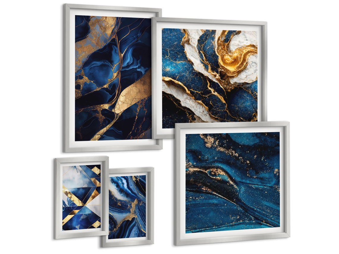 Conjunto De Pinturas Padrões Abstratos Azuis Espelharte (5 Peças)