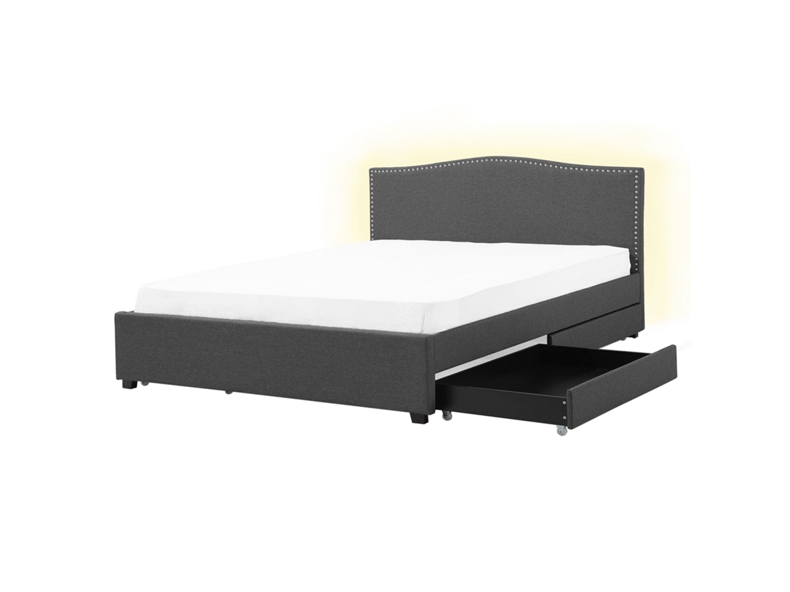 Cama Com Gavetas De Arrumação Montpellier Tecido Cinzento Escuro 160 X 200 Cm Led