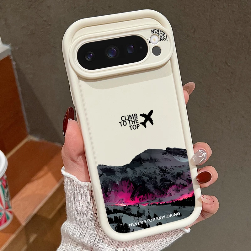 Capa Para Celular Google Pixel 8a (branco-creme) Com Estampa De Avião E Montanha Nevada, Em Tpu Resistente A Impactos.