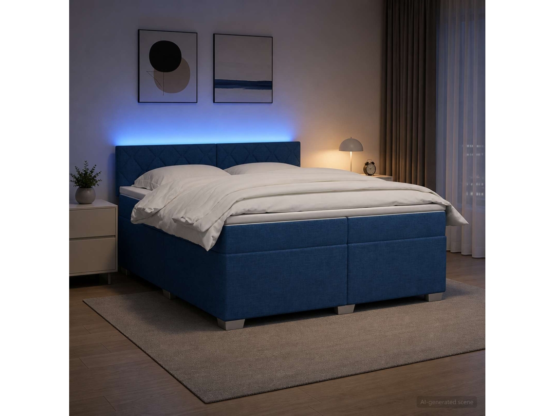 Vidaxl Cama Box Spring Com Colchão E Led Azul 200 X 200 Cm Tecido
