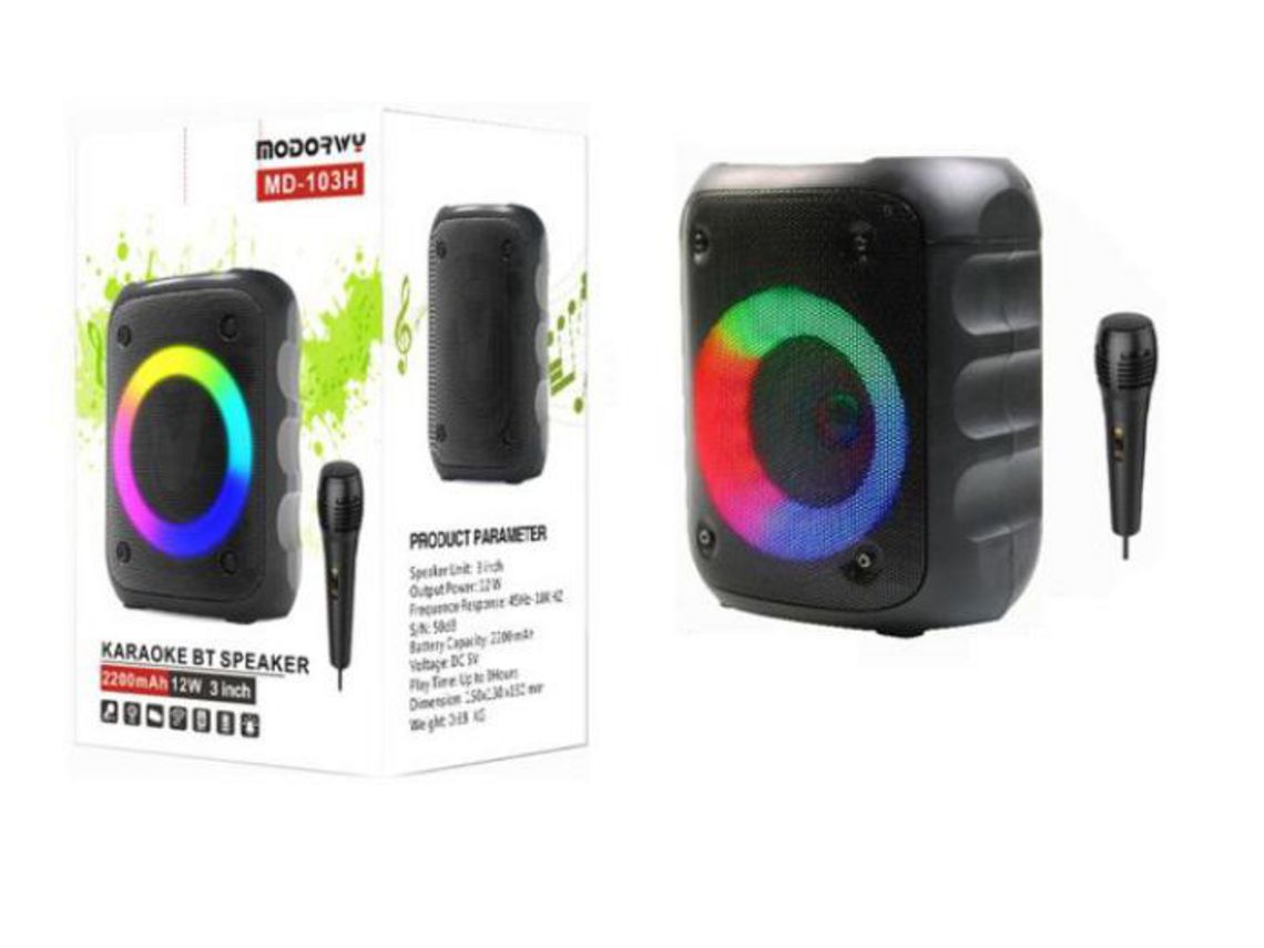 Coluna Wireless Portátil com Luz Led 2200Mah-12W com Microfone MODORWY Md-103H Preto