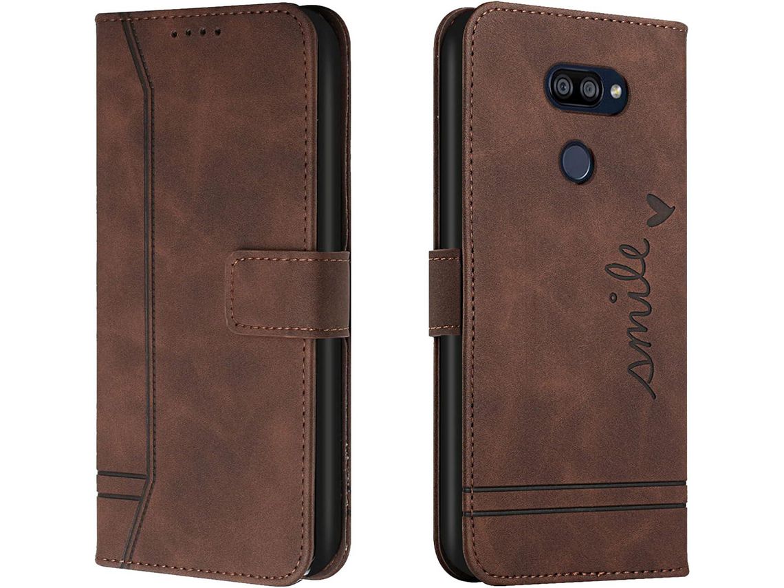 Capa Fólio para Lg K40S HONGWE. Pele Sintética Anti-Choque Magnética Premium Castanho
