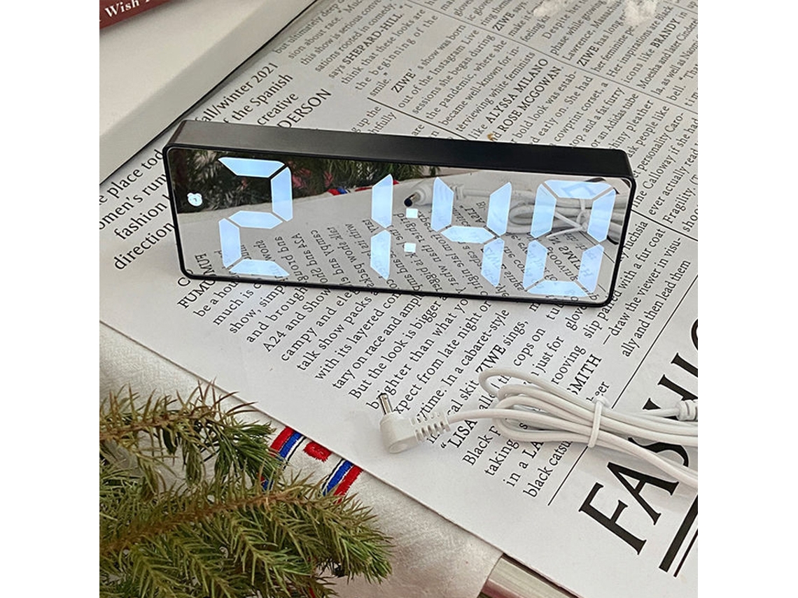 Despertador digital LED Baok-reloj, espelho inteligente, silencioso para estudantes, com cabo de carregamento, caixa preta.