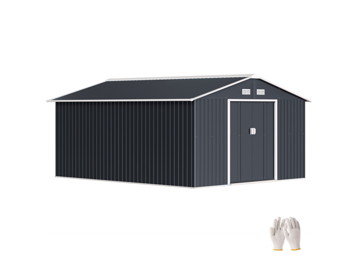 Galpão de Jardim Cinza Escuro 340x386x200 Cm com 12,4 M², Duas Portas Deslizantes e Base Reforçada (piso Não Incluso)