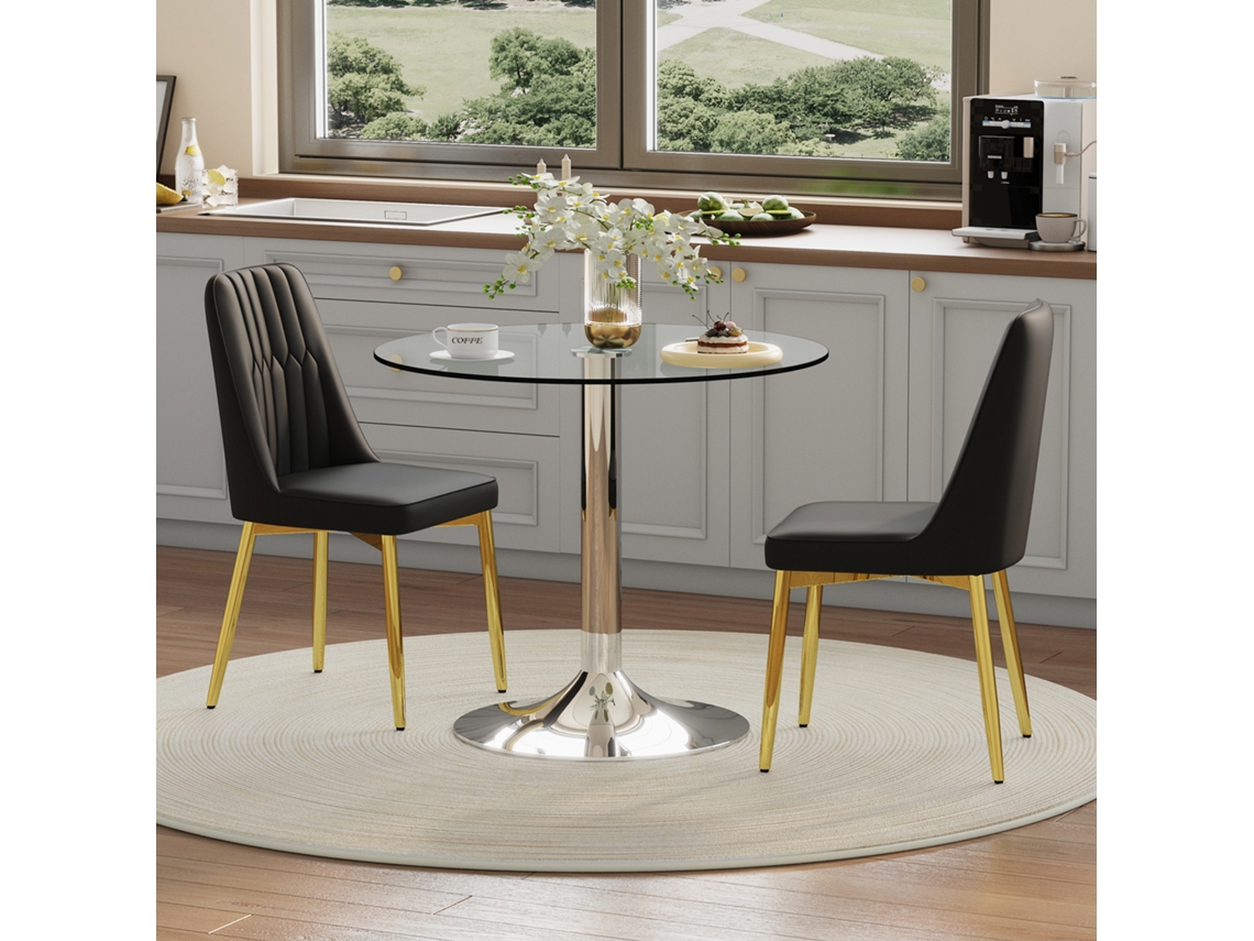 Conjunto de Mesa de Jantar 85 Cm em Vidro Temperado com 2 Cadeiras em Pu Preto e Dourado NOVELA