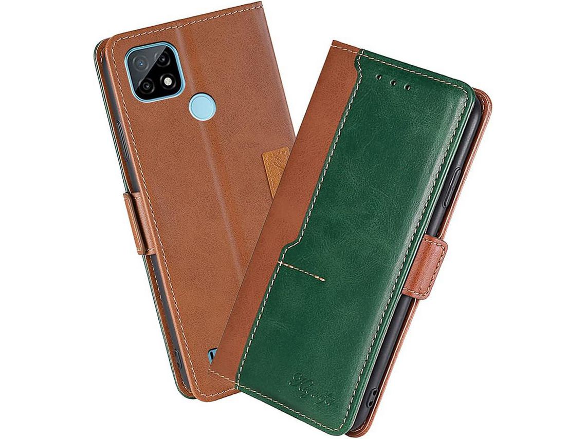 Capa Fólio para Realme C21 HONGWE. Pele Sintética Anti-Choque Magnética Retro Castanho