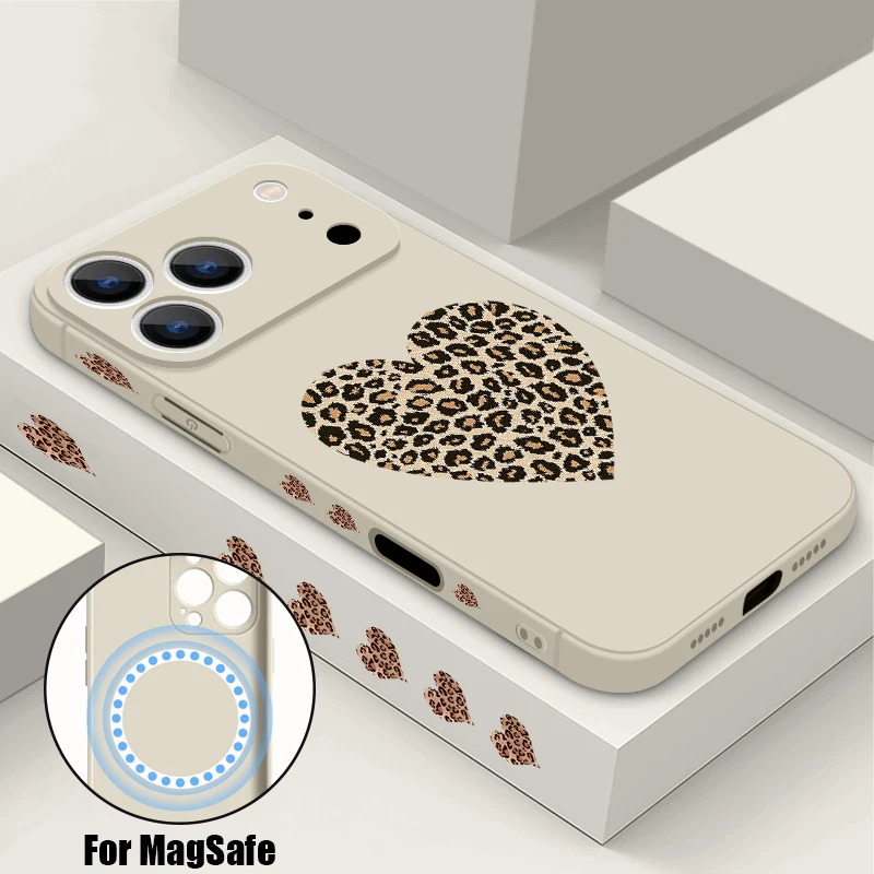 Capa Magnética Para Iphone 13 Pro Max (branca) Com Cordão Em Formato De Coração E Estampa De Leopardo Em Tpu.